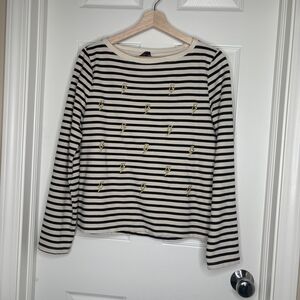 Betsey Johnson Black and Cream Striped Sweatshirt with Gold Lightning Size M